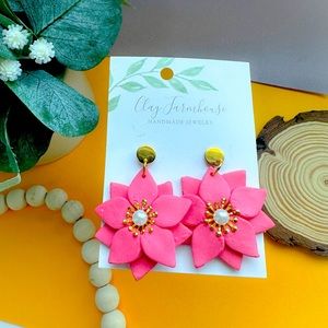 Polymer Clay Pink Flower earrings with gold plated studs